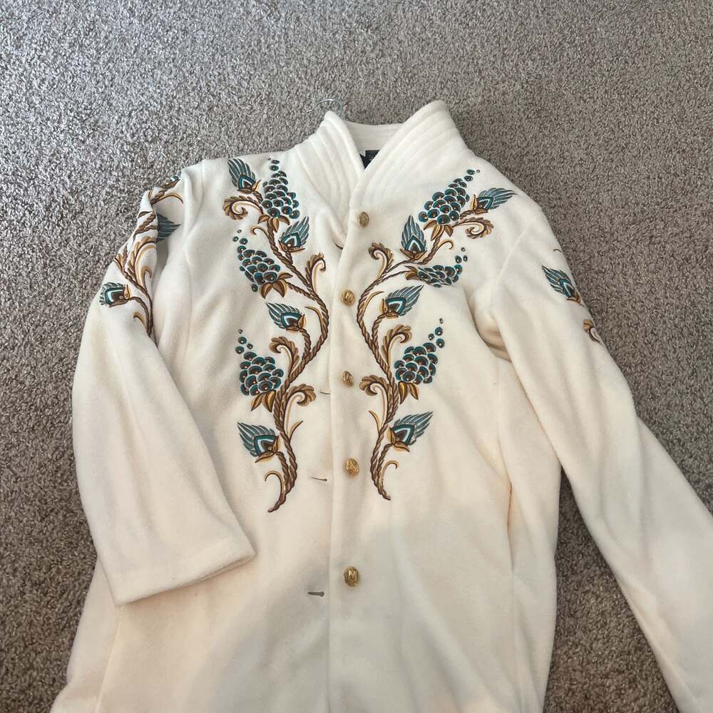 Bob Mackie Wearable Art Embroidered Fleece Jacket White Gold Teal Size m